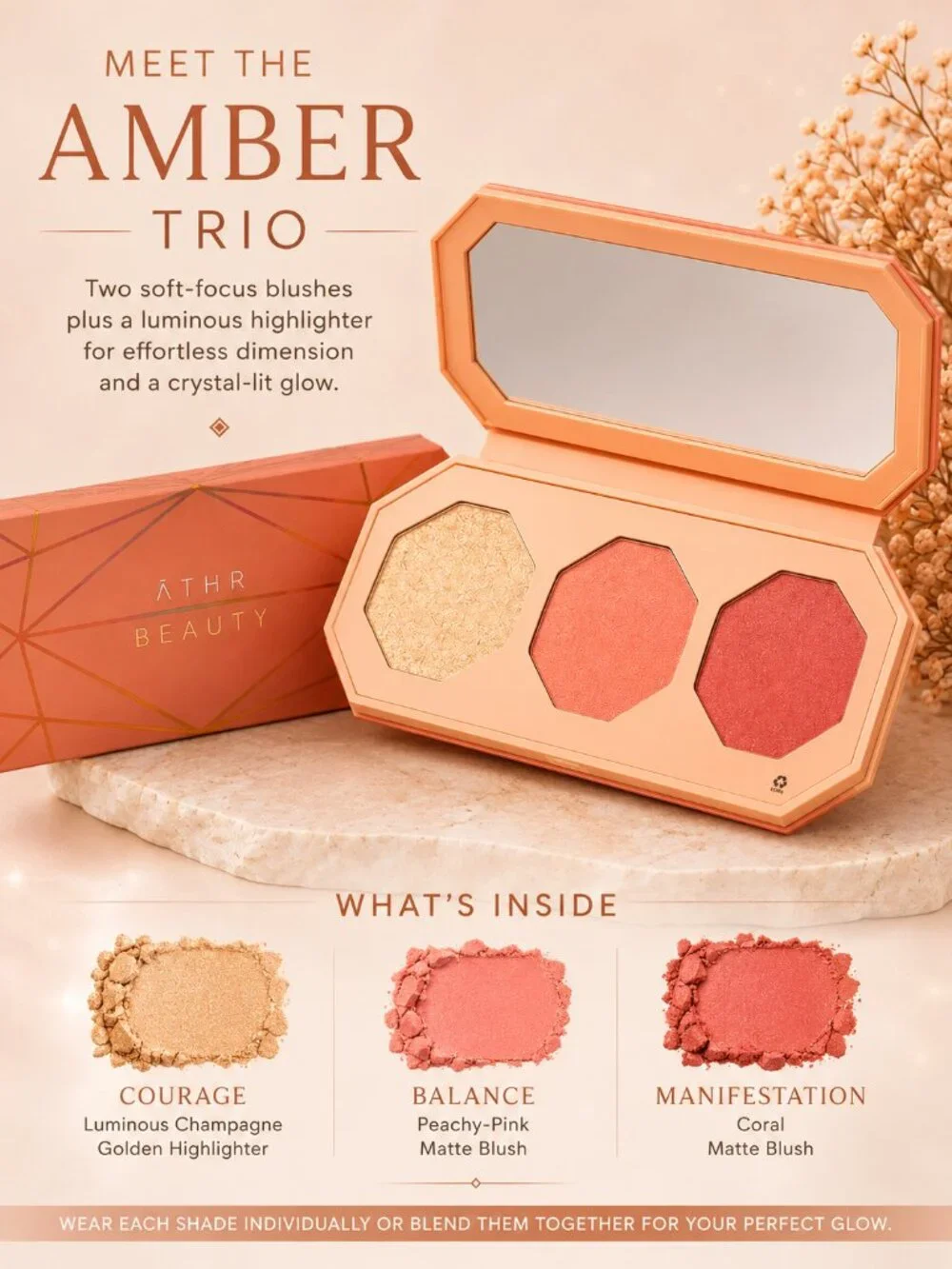ĀTHR Beauty Crystal Charged Cheek Palette Amber Blush Highlighter Trio